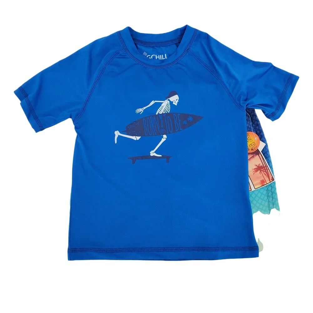 Big Chill Boys Size 6‎ 2pc Rash Guard Swim Trunks Set Blue Skeleton Surfer